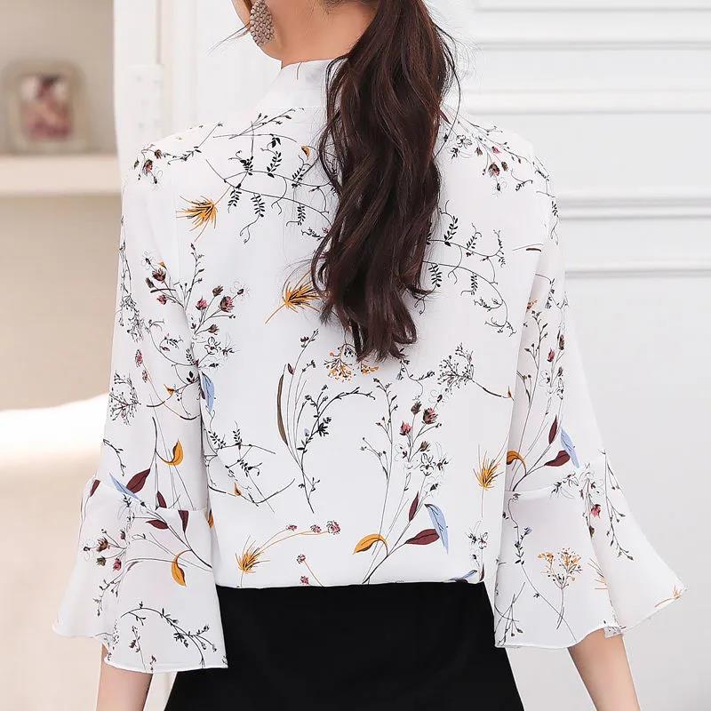 Women's Short-sleeved Chiffon Shirts Trumpet Sleeves Slimming Bottoming Shirts Bowknot Chiffon Shirts Light and Breathable Ladies