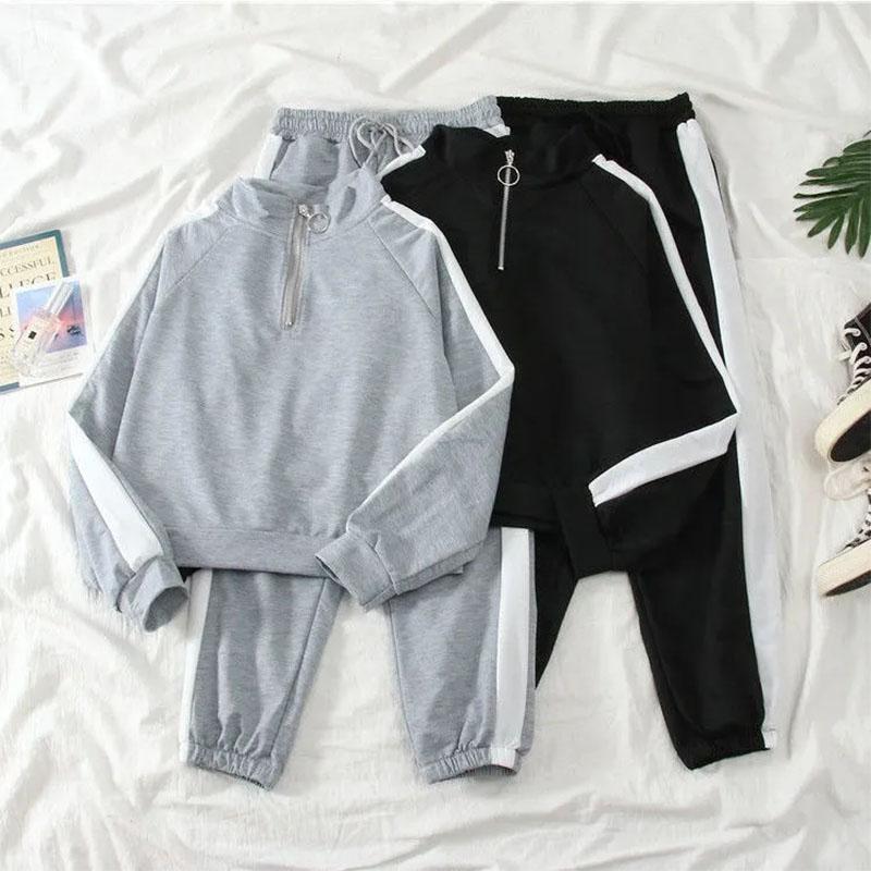 2PCS Women's Sports Suit Autumn and Winter Korean Version Loose Short Zipper Top + Casual Trousers Two-piece Suit Student Hooded Cardigan Coat Suit