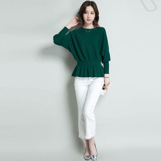 Spring and Autumn Sweater Women's Korean Style Loose Neck Undershirt Pullover Slim Knitted Bat Tops