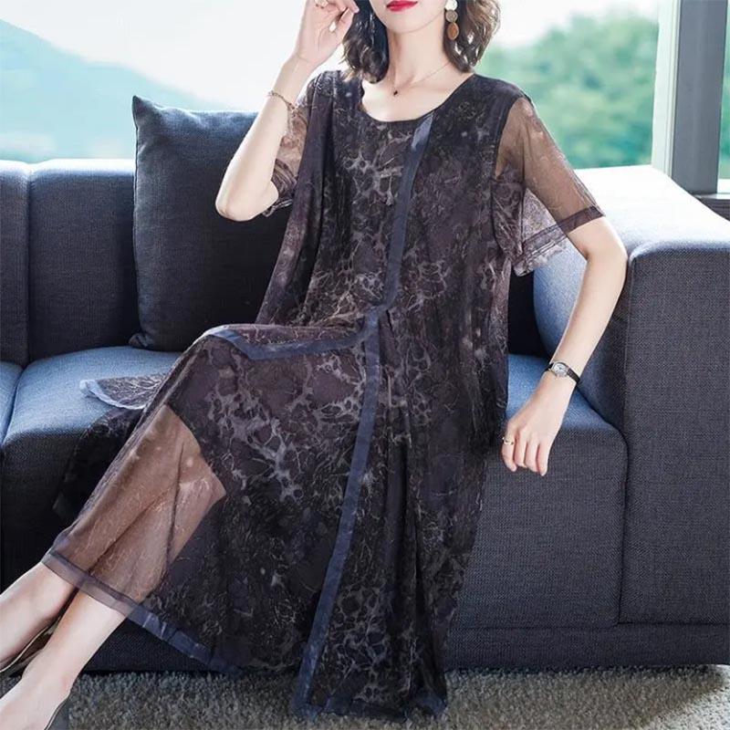 Retro Mesh Stitching Dress Women's Loose Large Size Mid-length Summer Chiffon Skirt