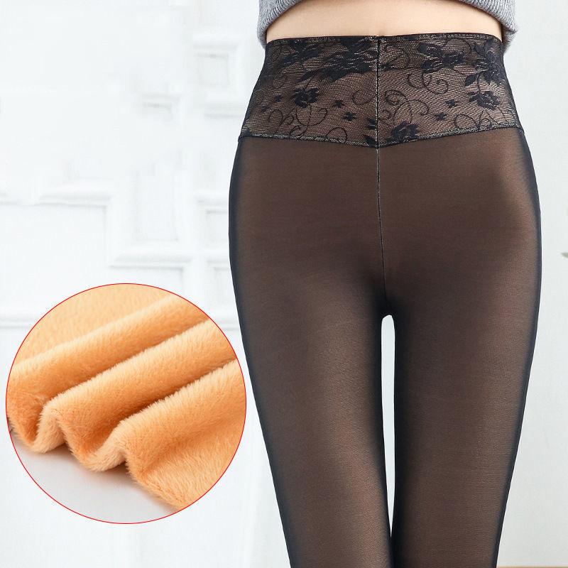 Winter Models Plus Velvet Net Yarn Fake Through Meat Women's Leggings Step on The Feet, High Waist, Wear Anti-snagging Large Size Thermal Pants