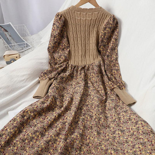 Autumn and Winter Women's Dress Stitching Knitted Long dress A-line Corduroy Floral Dress