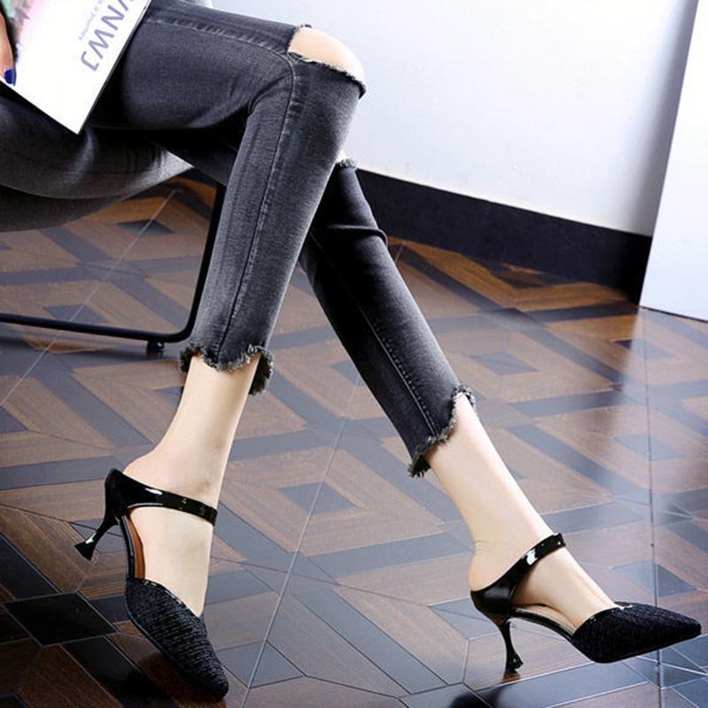 Korean Version of Baotou Mid-heel Breathable Mesh Fairy Sandals Pointed Toe Stiletto High Heels Women Slippers