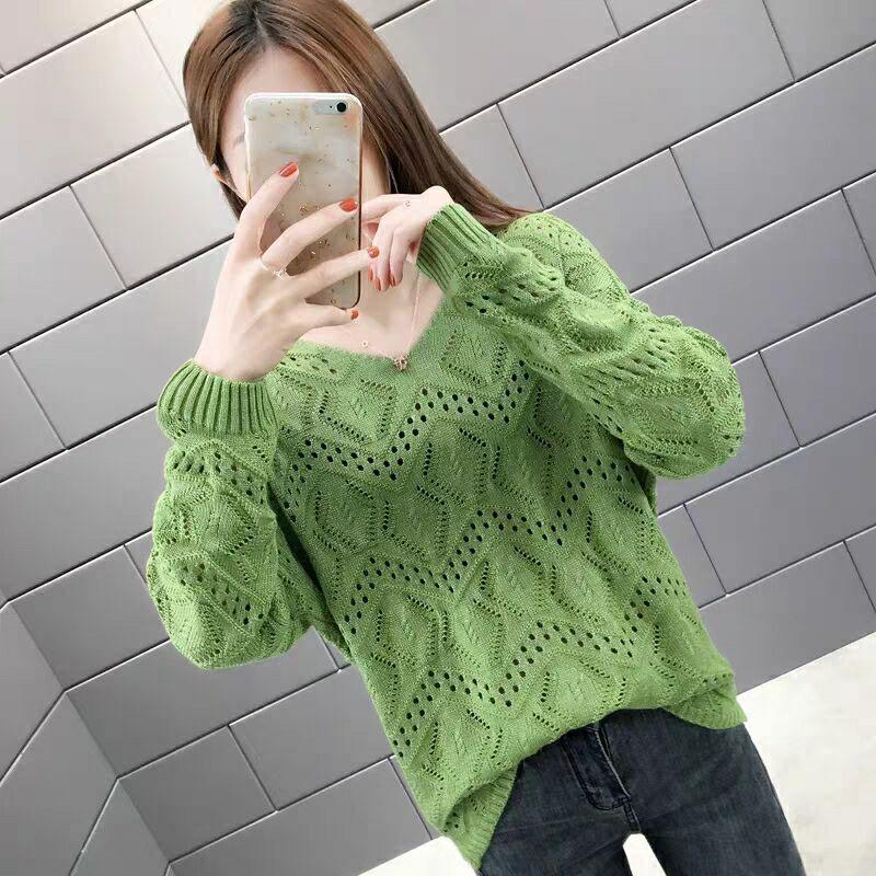 Hollow Knitted Sweater Women's Pullover Fall/winter V-neck Top Loose Loose Outer Wear Short Sweater Bottoming Shirt