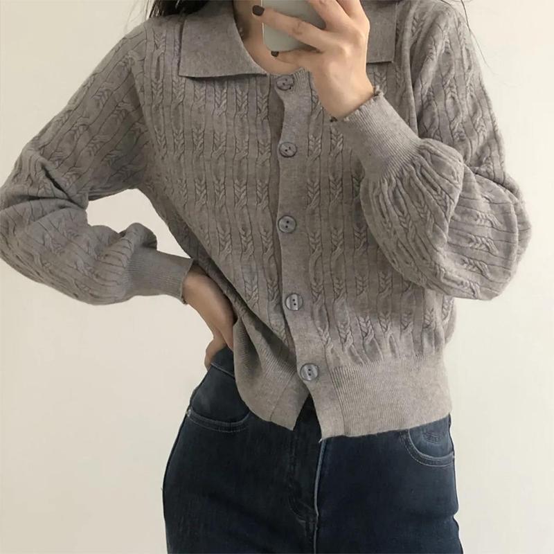 Cardigan Women Twist Knitted Sweater Women Autumn Winter Retro Lapel Polo Loose Single-breasted Long-sleeved Tops