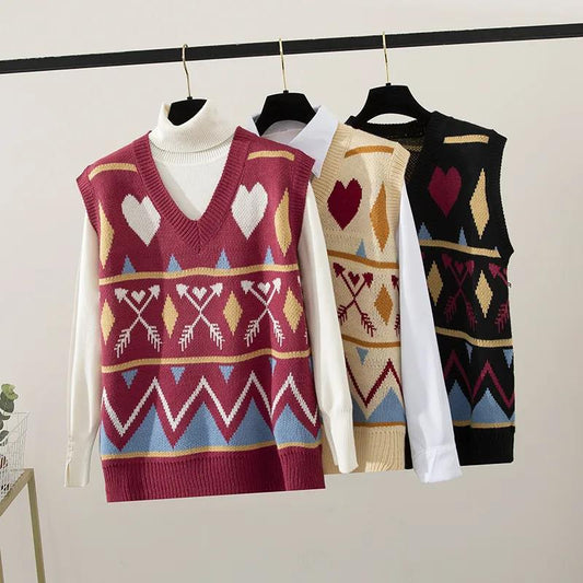 Retro Diamond Loose Knit Vest Women Spring and Autumn Stacking Sleeveless V-neck Vest Sweater