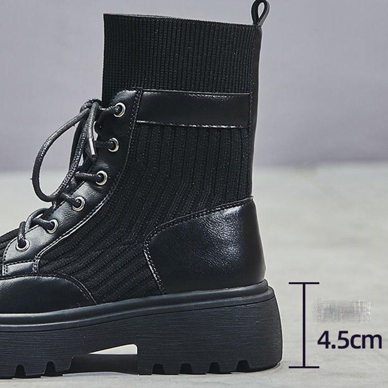 2021 Motorcycle Women's Boots Winter Soft Leather Shoes Black Botas Wedges Female Lace Up Platforms Women