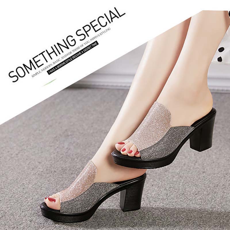 Sandals and Slippers Women Summer Thick-heeled High-heeled All-match Fashion Non-slip Mid-heel Slippers Women Sandals Women