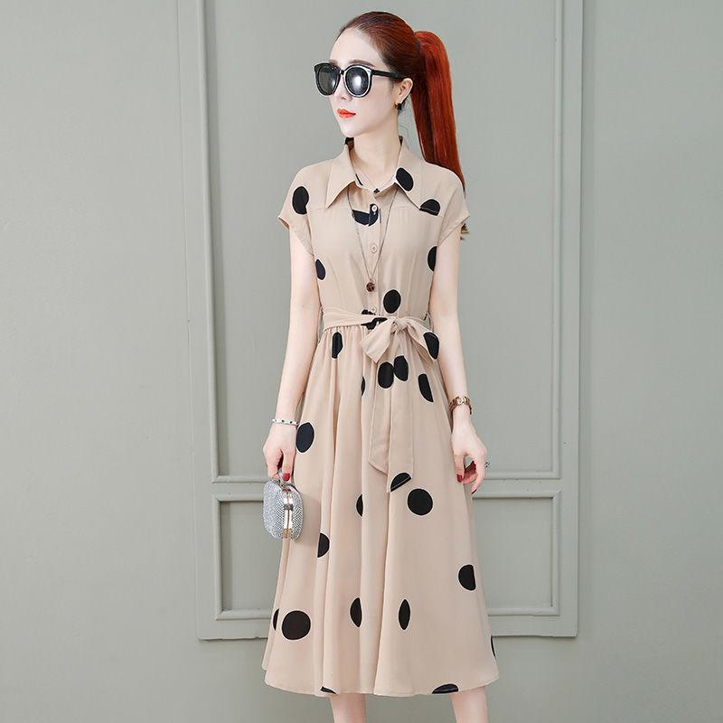 Summer Women Big Dot Printing Shirt Dress OL Style Knee-length A-line Dress with Belt Plus Size S-3XL