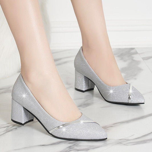 Genuine Leather Single Shoes Women's Mid-heel Thick Heel Spring and Autumn All-match Shallow Mouth Casual Pointed Toe Fashion Rhinestone Women's Shoes