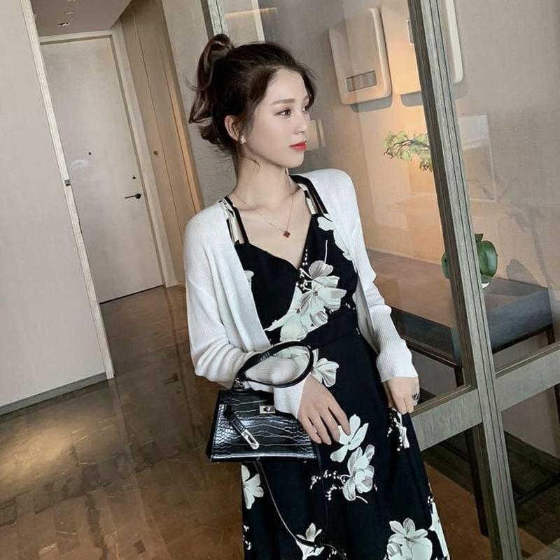 Summer Korean Mid-length Printed Halter Sexy Sling Dress Women's Holiday Big Swing Beach Dress