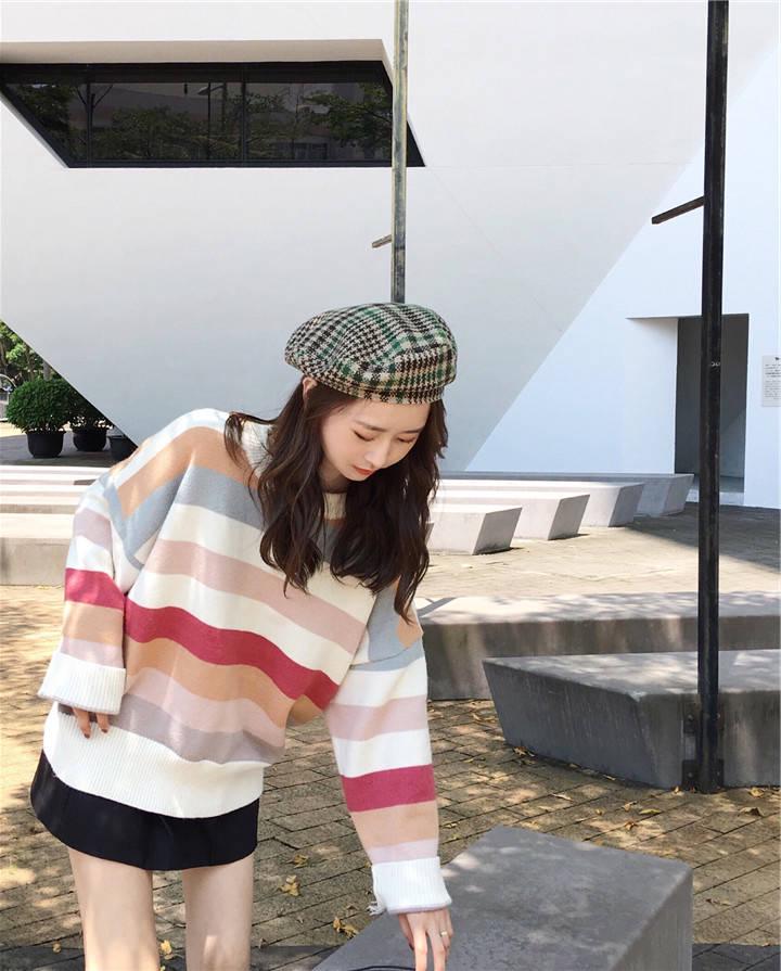 Pofulove Loose Pullover Sweater Women Autumn  Winter Cute Colored Striped Knitted Sweater Student