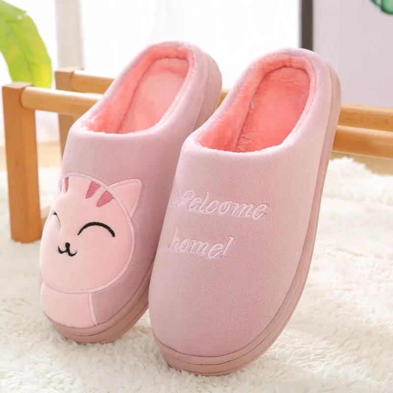 Women Winter Slippers Pin Cute Cat Thick Fleece Warm Home Couples Slippers Men Plus Size Slipper Non Slip Cotton Shoes