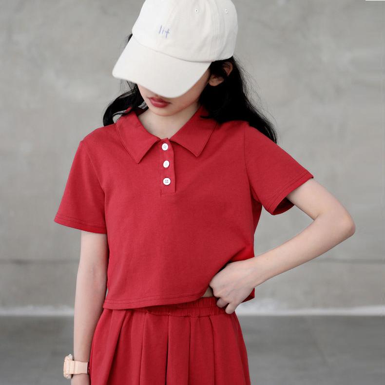 Girls' Suit Summer Thin T-shirt Short Skirt High Waist Two Piece Set Korean Style Loose Uniform Style Pleated Skirt