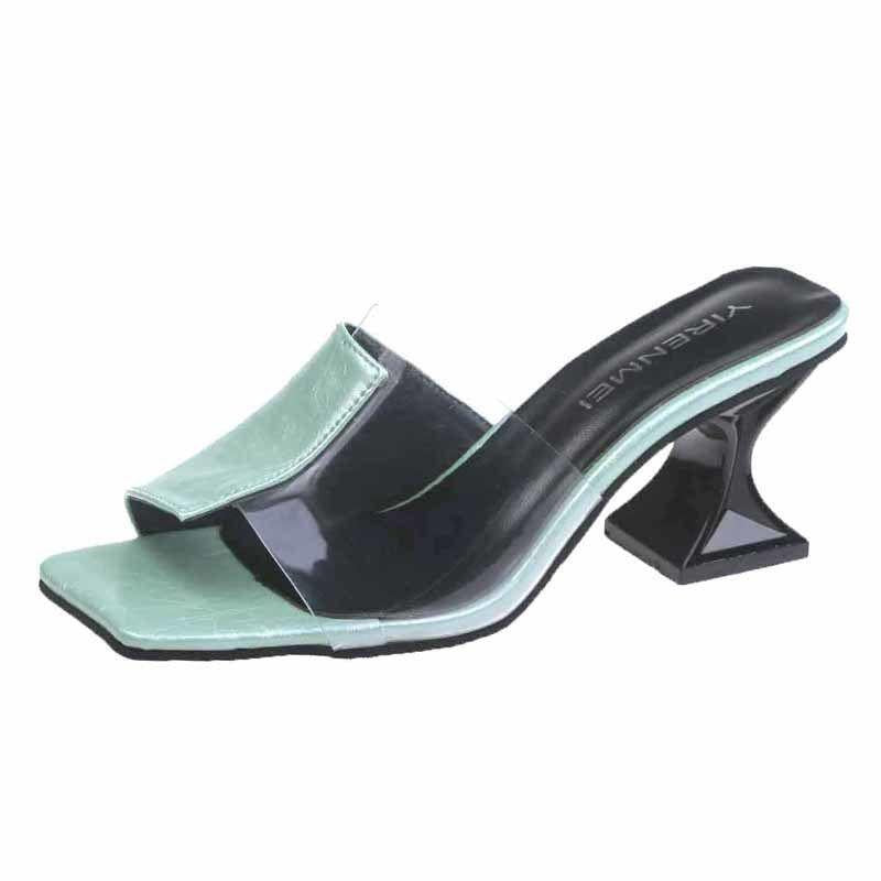 Women's shoes summer transparent film slippers color matching half drag sandals open toe thick heels