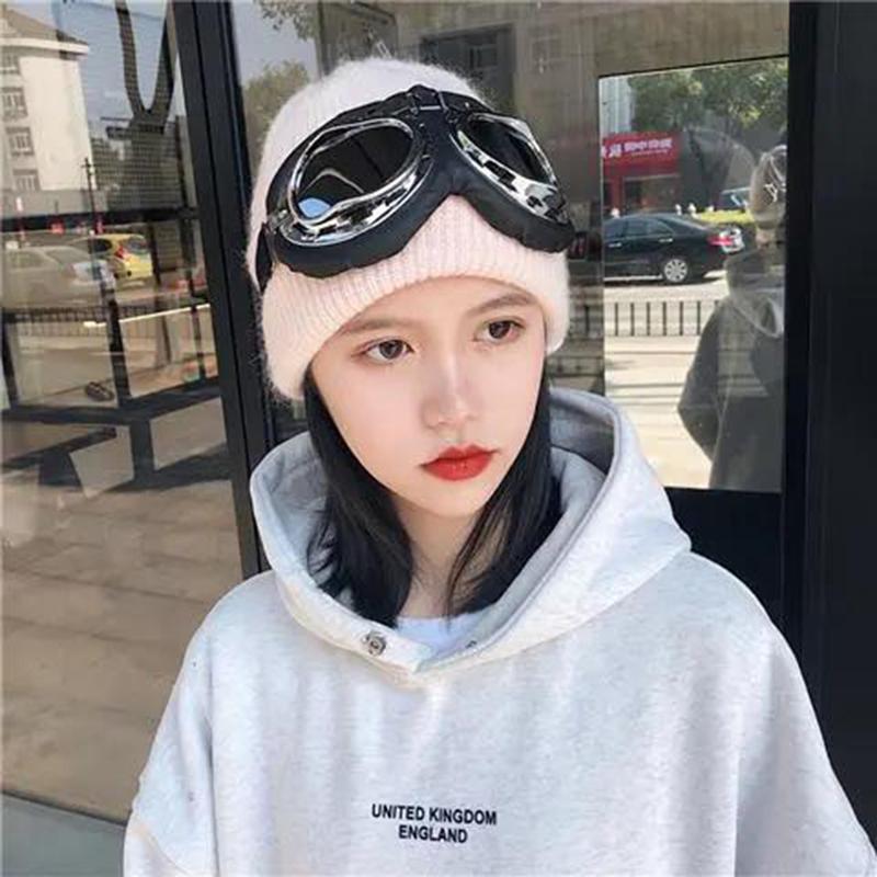 Winter Women's Fashion Aviator Glasses Ski Hat Warm Knitted Hooded Hat Casual Thick Woolen Hat