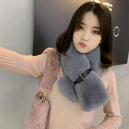 Winter Imitation Rabbit Fur Scarf Korean Fashion All-match Leather Buckle Scarf Warm Thick Plush Scarf Shawl