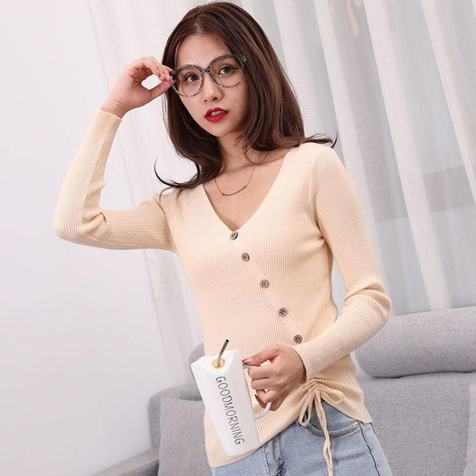 Autumn and Winter V-neck Loose Sweater Long Sleeve Casual Simple Tops Sexy Slim Women Bottoming Shirt