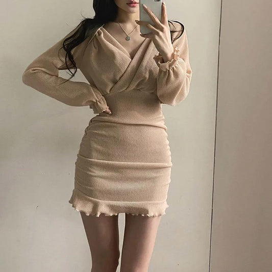 Pleated Wood Ear Dress Female Cross V-collected Waist Slim Short Skirt Autumn