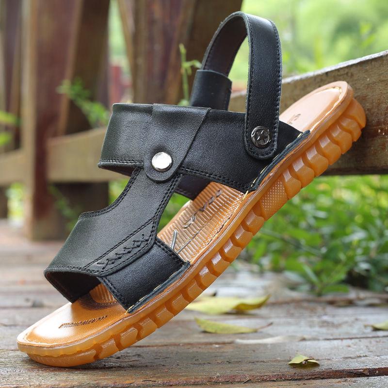 First Layer Cowhide Men's Sandals Tendon Sole Leather Beach Shoes Summer Leisure Sandals and Slippers Non-slip Soft Sole Sandals