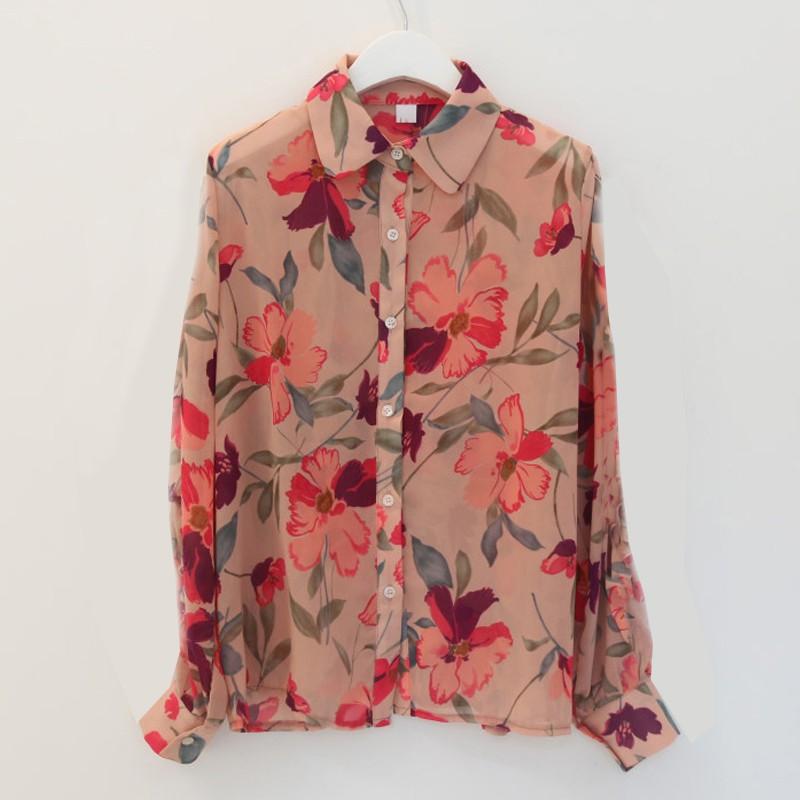 Fashion Women Shirt Floral Printed Blouses Chiffon Blouse Korea Tops Casual V-neck Long Sleeve Ladies Shirt