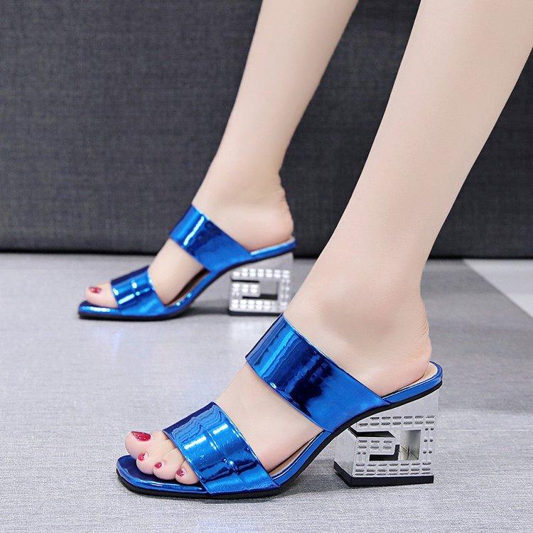 Summer Thick with One Word Drag Color Matching Women's Outer Wear Fashion High-heeled Slippers