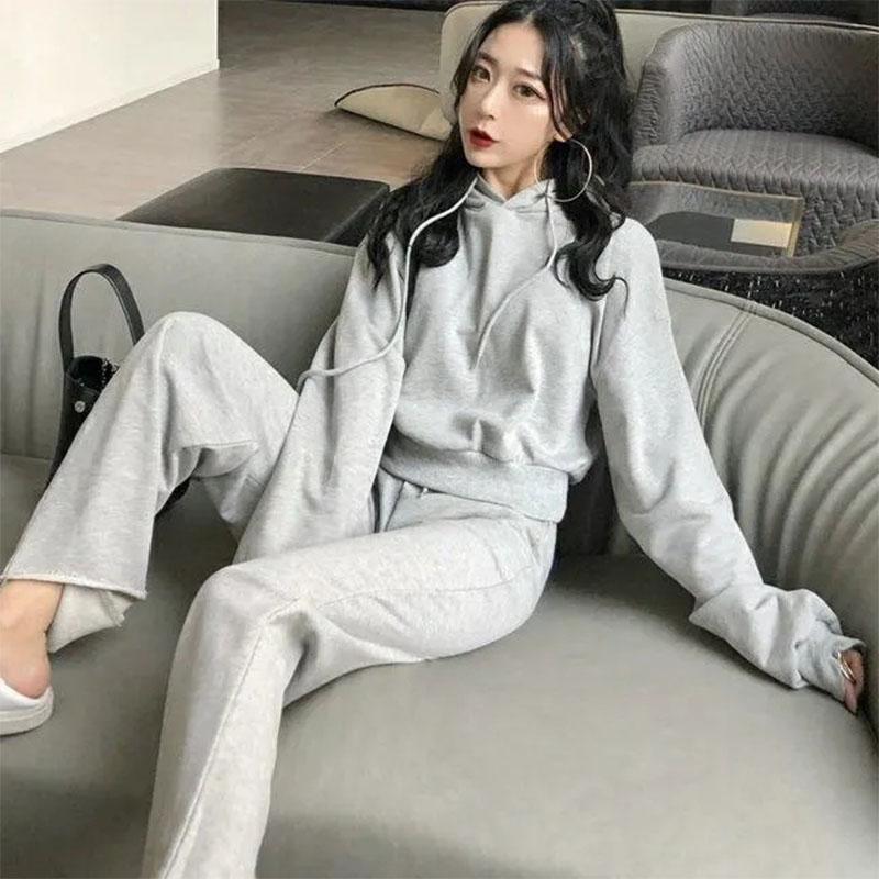 2PCS Women's Spring/Summer Casual Suit Long Sleeve Short Hooded Sweater + Loose Thin Elastic High Waist Wide Leg Pants Ladies Two-piece Sports Suit