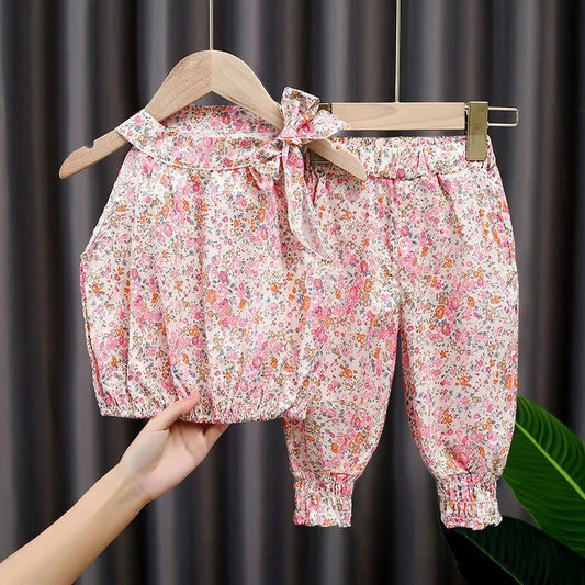 Children's Suit Summer Thin Korean Style Loose Print Broken Flower Girls Suspender Shorts Ventilation Two Piece Set