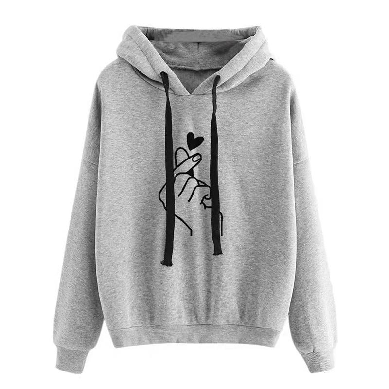 Fashionable Kpop Casual Finger Heart Love Pattern Hooded Women Hoodies Sweatshirts Drawstring Long Sleeve Female Pullovers Hoodie Women Coat