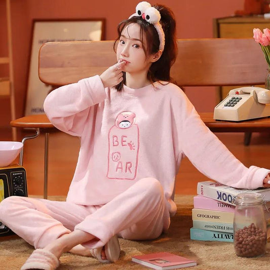 Women's Coral Fleece Pajamas Set Thickened Warm Cute Cartoon Long-sleeves Flannel House Wear Suit Comfortable Loose Sleepwear