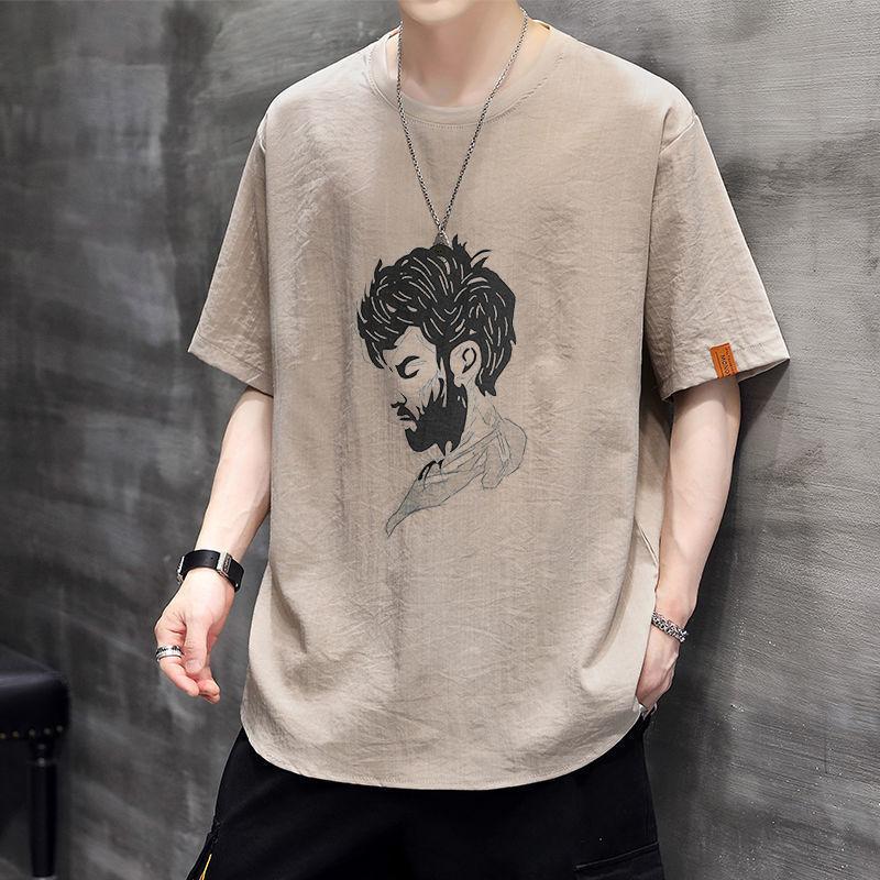 Men's Short-sleeved Summer New Ice Silk T-shirt Loose Print Student Half-sleeved