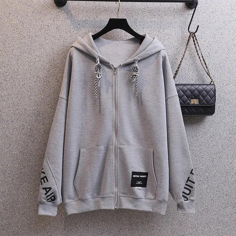 Women's Hooded Zipper Cardigan Spring/Summer Loose Thin Jacket Korean Style Student Versatile Grey High Street Couple Wear Sweater Casual Slim Coat