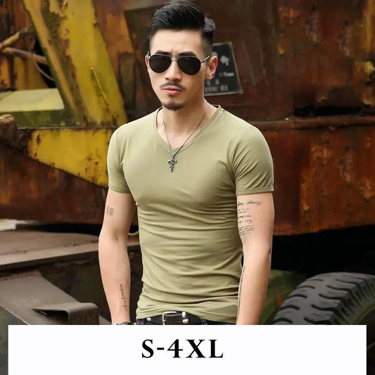 Summer Solid Color Men's Short-sleeved T-shirt V-neck Half-sleeved Top White Men's Bottoming Shirt Slim T-shirt Trend