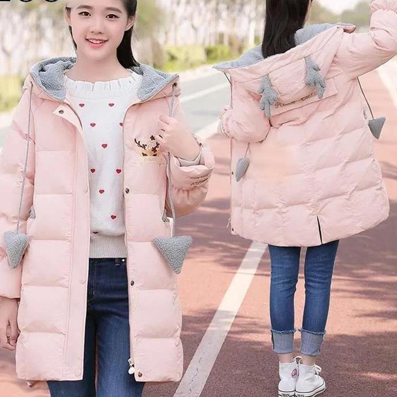 Girls' Cotton Jacket Mid-length Korean Thick Winter Hooded Padded Jacket Windproof and Warm Top