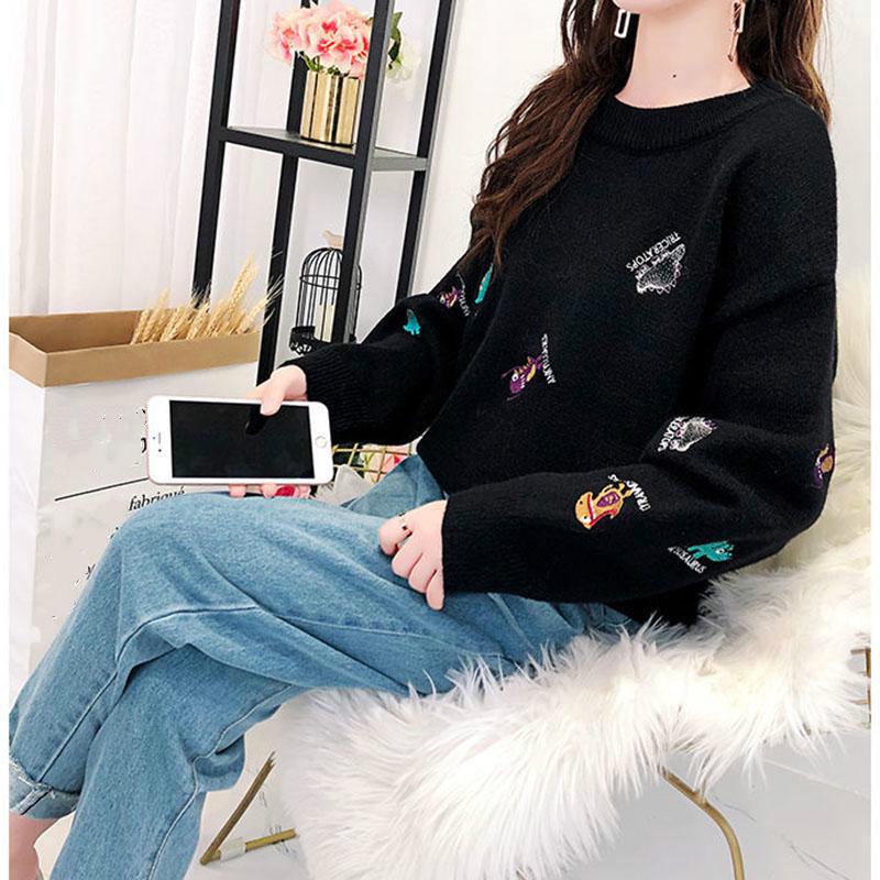 Casual Embroidery Sweater Women Loose Round Neck Pullover Sweater Thickened Warm Knitwear Jumper Outwear