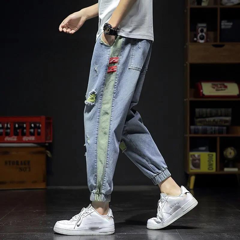 Ripped 9-point Jeans Men's Summer Leggings Pants Trendy Brand Loose Feet Pants Trendy Nine-point Pants