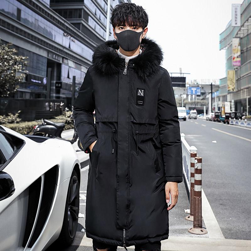 Winter Padded Jacket Men's Plus Velvet Thick Mid-length Korean Style Loose Hooded Big Fur Collar Padded Jacket Parka Coat Trend