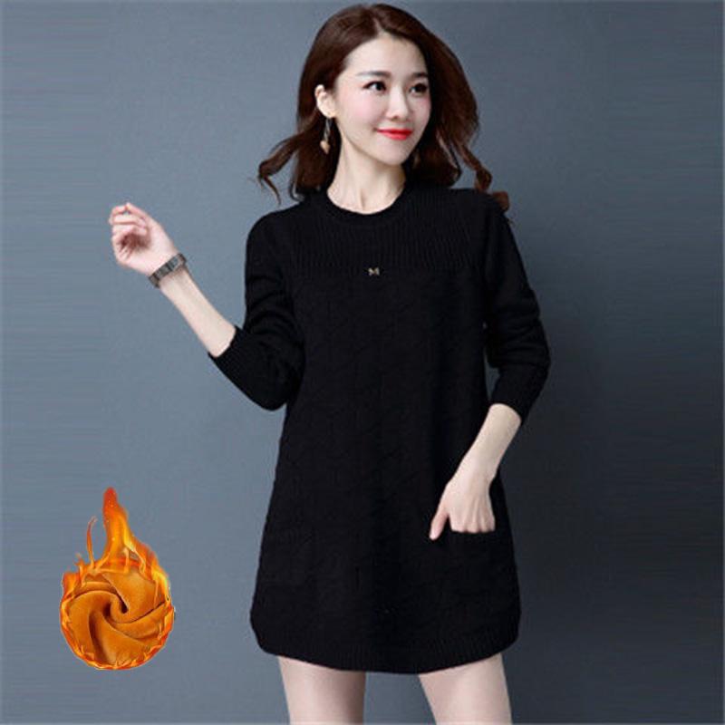 Thick and Velvet Mid-length Sweater Women's Low Round Neck Spring and Autumn Large Size Pullover Loose Knit Bottoming Sweater Sweater Skirt