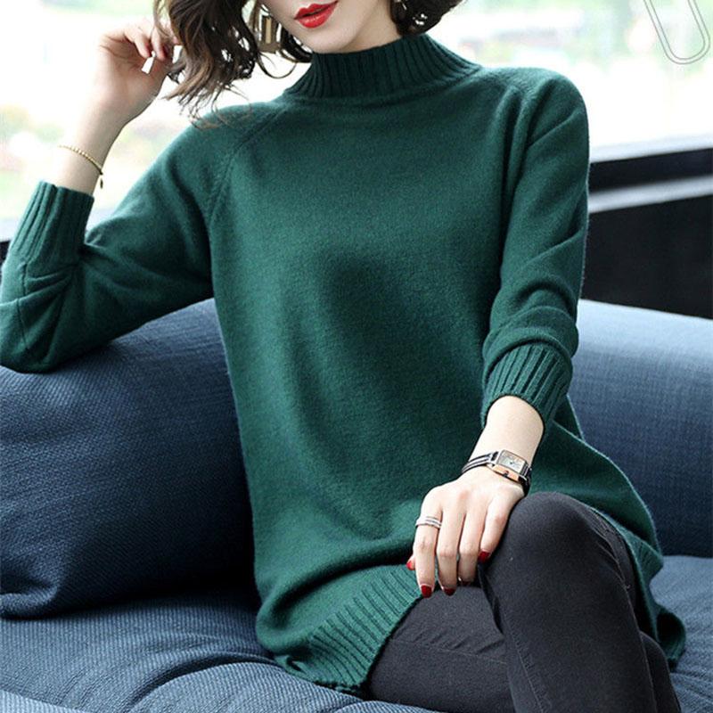 Autumn and Winter Half High Neck Loose Sweater Mid-length Pullover Knit Bottoming Shirt Plus Size Casual Women's Top