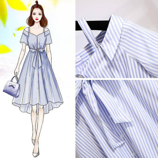 Pofulove Striped shirt dress summer women's midi loose off-shoulder pleated strap dress with belt