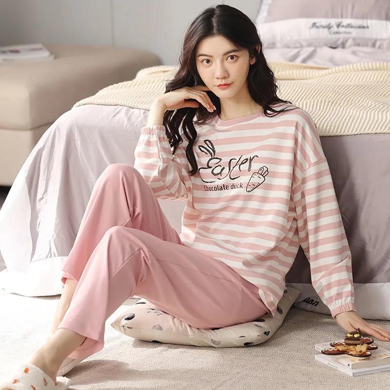 Cotton Pajamas for Women Long Sleeve Home Wear Set Spring Autumn Pullover Pyjamas Suit Cartoon Cute Sleepwear Loose Casual Nightwear Tops and Pants