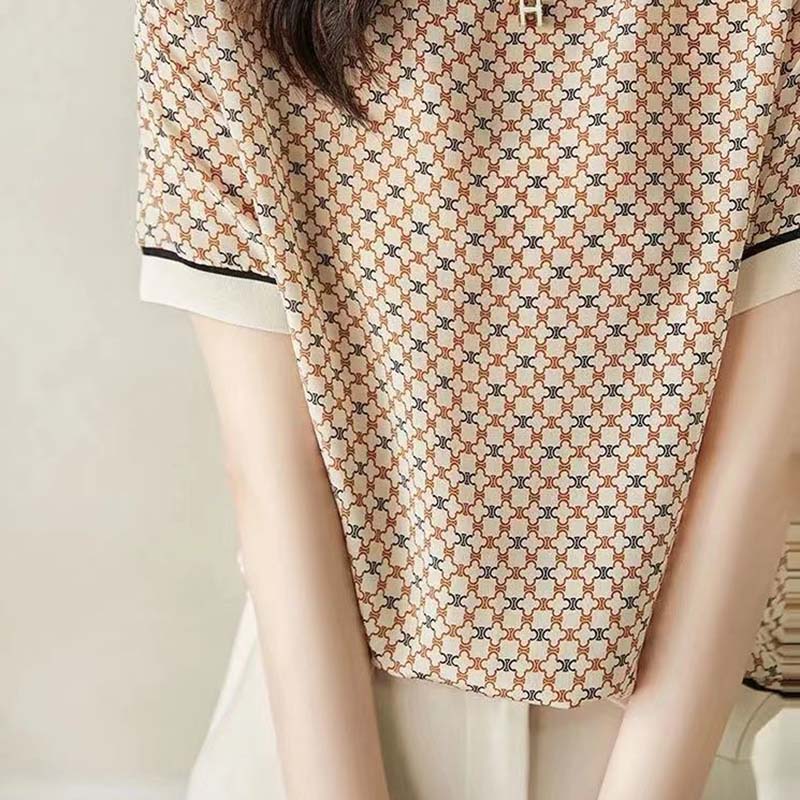 Silk Ice Silk Short-sleeved Women's Top High-end Western-style Printed Shirt Summer Ribbed Temperament All-match Trend