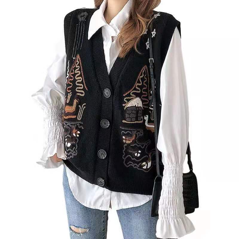 British Style Knitted Waistcoat Vest Women Loose Sleeveless Jacket Outer Sweater Vest Embroidery Waistcoat Women's Sleeveless Sweater Jacket