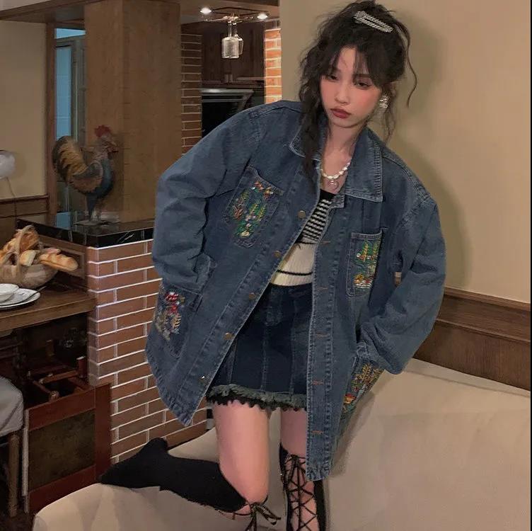 Retro Loose Embroidered Denim Jacket Women's 2022 Spring New Style Lazy Style Thin Mid-length Jacket Top Trend