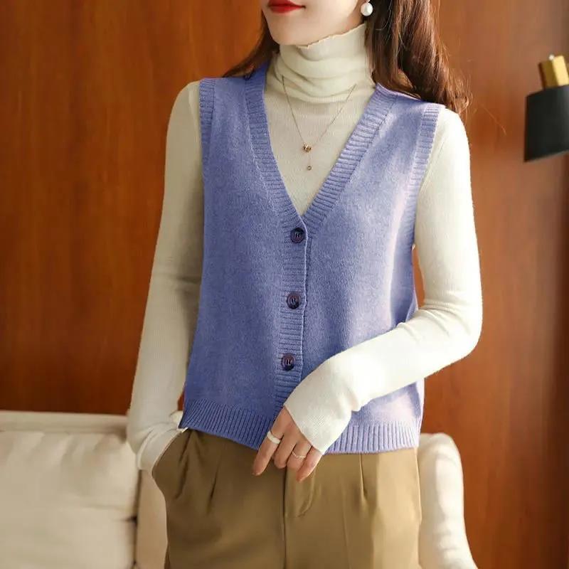 Ladies Spring and Autumn Knitted Loose Solid Color Vest Vest Cardigan All-match Sleeveless Outer Wear Waistcoat