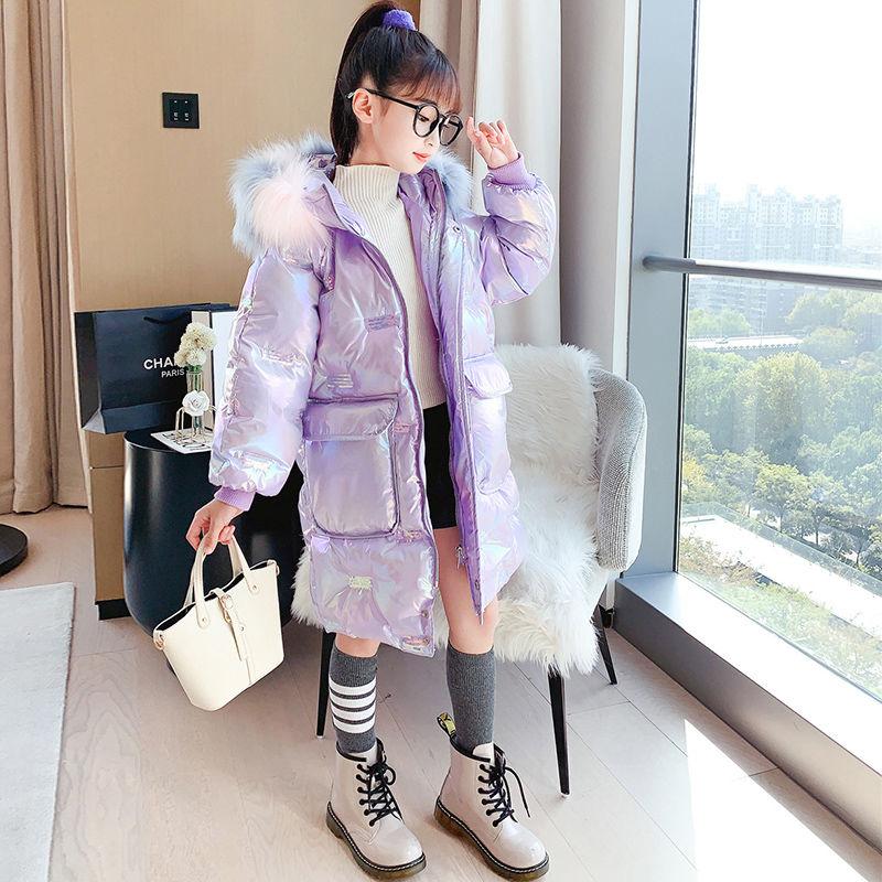 Girls' Warm Cotton Clothes Korean Style Plus Velvet Padded Coat Shiny Windproof Winter Jacket Children's Mid-length Quilted Jacket