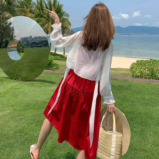 Women Retro Thin Red Elastic Waist Strap Dress Below The Knee Sling Dresses Beach Dress