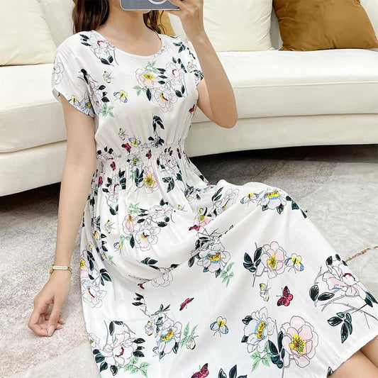 Cotton Silk Dress Ethnic Floral Fairy Dress Doll Sleeve Mid-Length Seaside Holiday Beach Dress