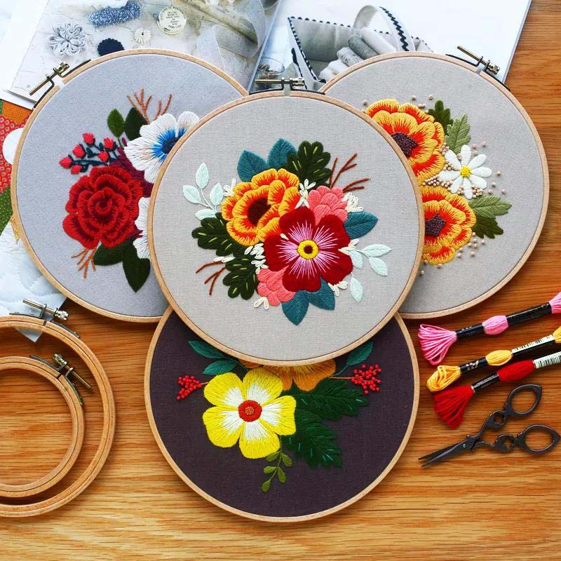 Floral Hand Cross Stitch Embroidery Cloth Starter Kits Needlepoint Color Threads Bamboo Hoop DIY