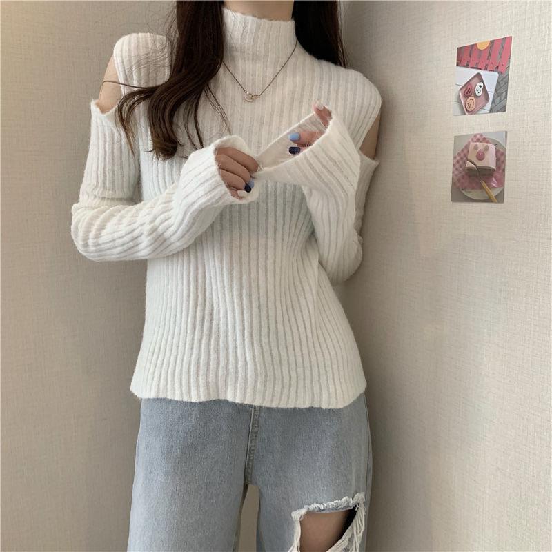 Women Turtleneck Sweaters Autumn Winter Loose Pullovers Knitted Jumper Off Shoulder Fashion Casual Knitted Sweater White Black Long Sleeve Tops